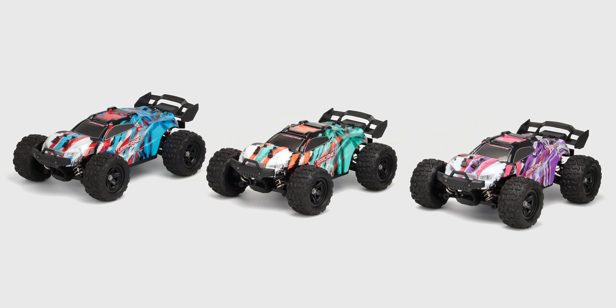 Alle tre farver af Hurricane blå, grøn og pink set side om side på hvid baggrund