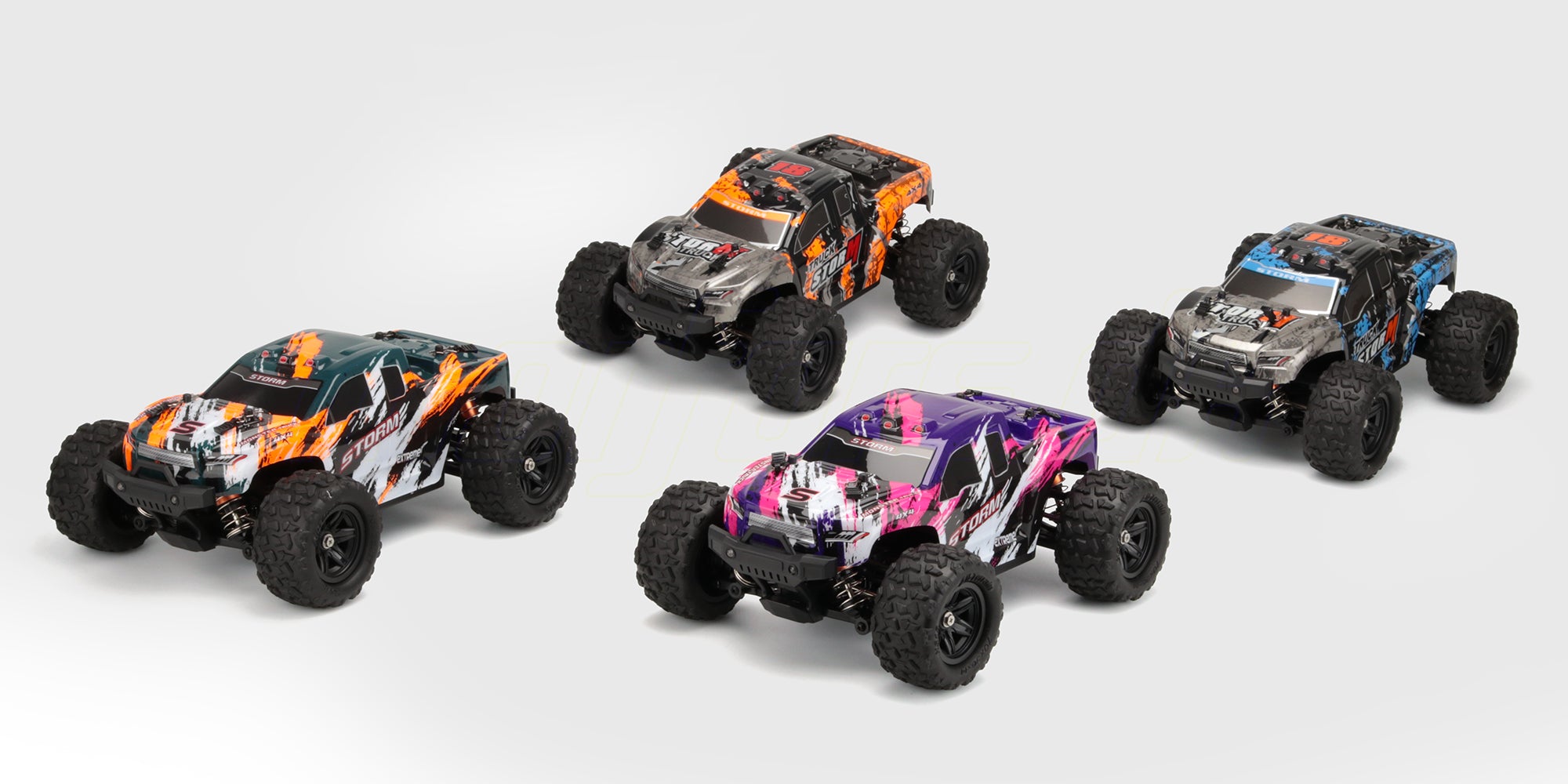 Hurricane I storm modellen i orange, blå, grøn og lilla, set side om side på hvid baggrund