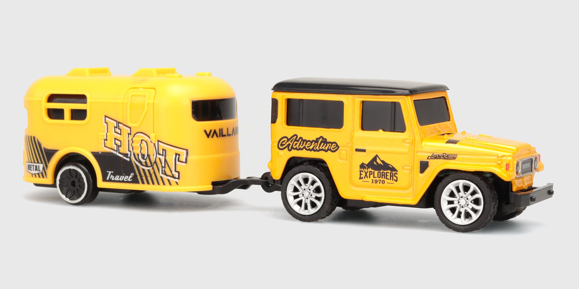 Gul Mini RC Car Land Cruiser med gul campingtrailer