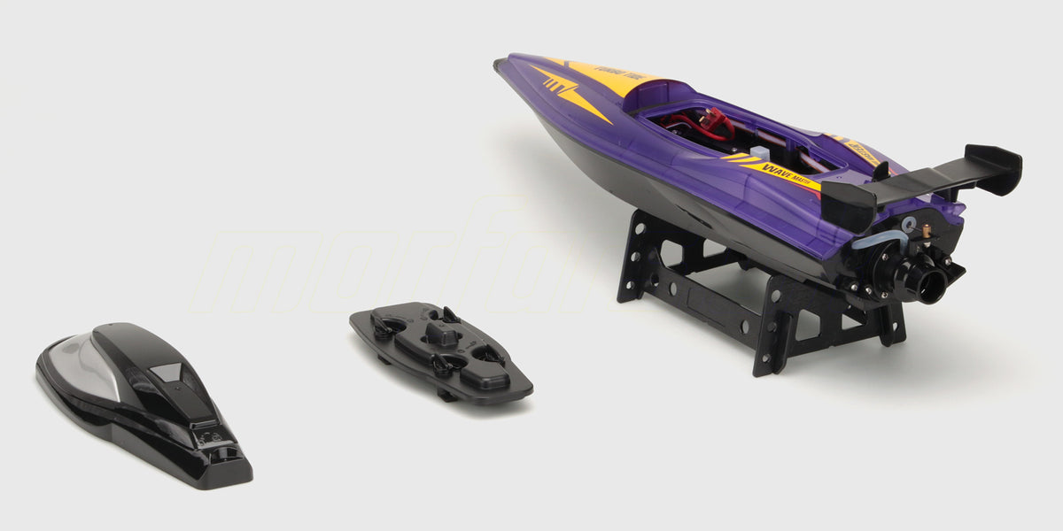 Shadow Storm fjernstyret speedbåd set oppefra med sort cockpit og gul dekoration