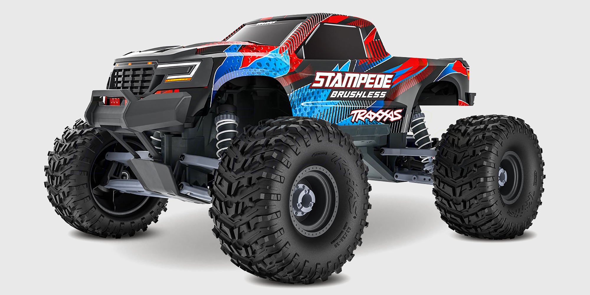 Traxxas Stampede 2WD Brushless VX3 monster truck set forfra med rød og blå karosse