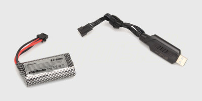 Batteripakke og USB-oplader til Hunter MT10 fjernstyret bil vist på hvid baggrund.