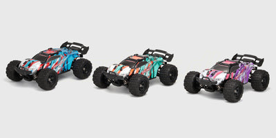 Alle tre farver af Hurricane blå, grøn og pink set side om side på hvid baggrund