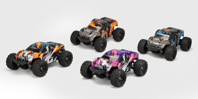 Hurricane I storm modellen i orange, blå, grøn og lilla, set side om side på hvid baggrund