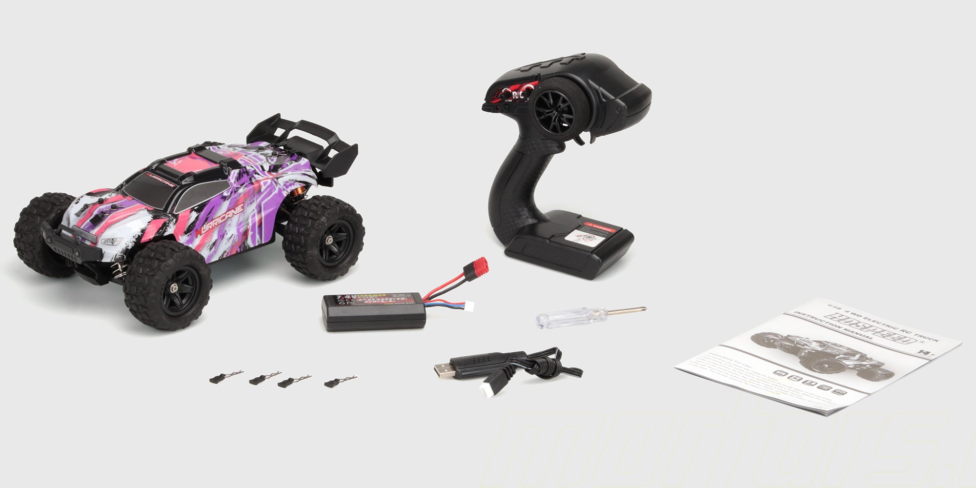 Hurricane 2.0 fjernstyret bil i original indpakning med fjernbetjening vist på hvid baggrund.