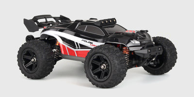 Hurricane XL Brushless fjernstyret racerbil med blåt og hvidt karosseri set skråt forfra på hvid baggrund.