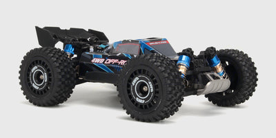 Rød og sort MJX HyperGo Buggy 3S fjernstyret offroad buggy set skråt fra siden på hvid baggrund.