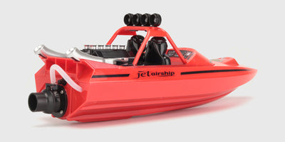 Hvid og blå Storm V8 Superboat fjernstyret speedbåd med kraftfuld påhængsmotor vist på hvid baggrund.