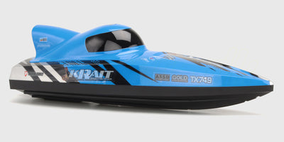 Hurtig gul Krait brushless racing boat fjernstyret speedbåd, der skærer gennem vandet med høj fart.