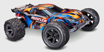 Traxxas Rustler 2WD Brushless VX3 stadium truck set forfra med orange og blå karosse