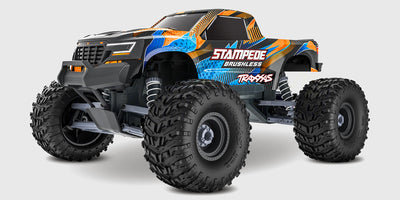 Traxxas Stampede 2WD Brushless VX3 monster truck set forfra med orange og blå karosse