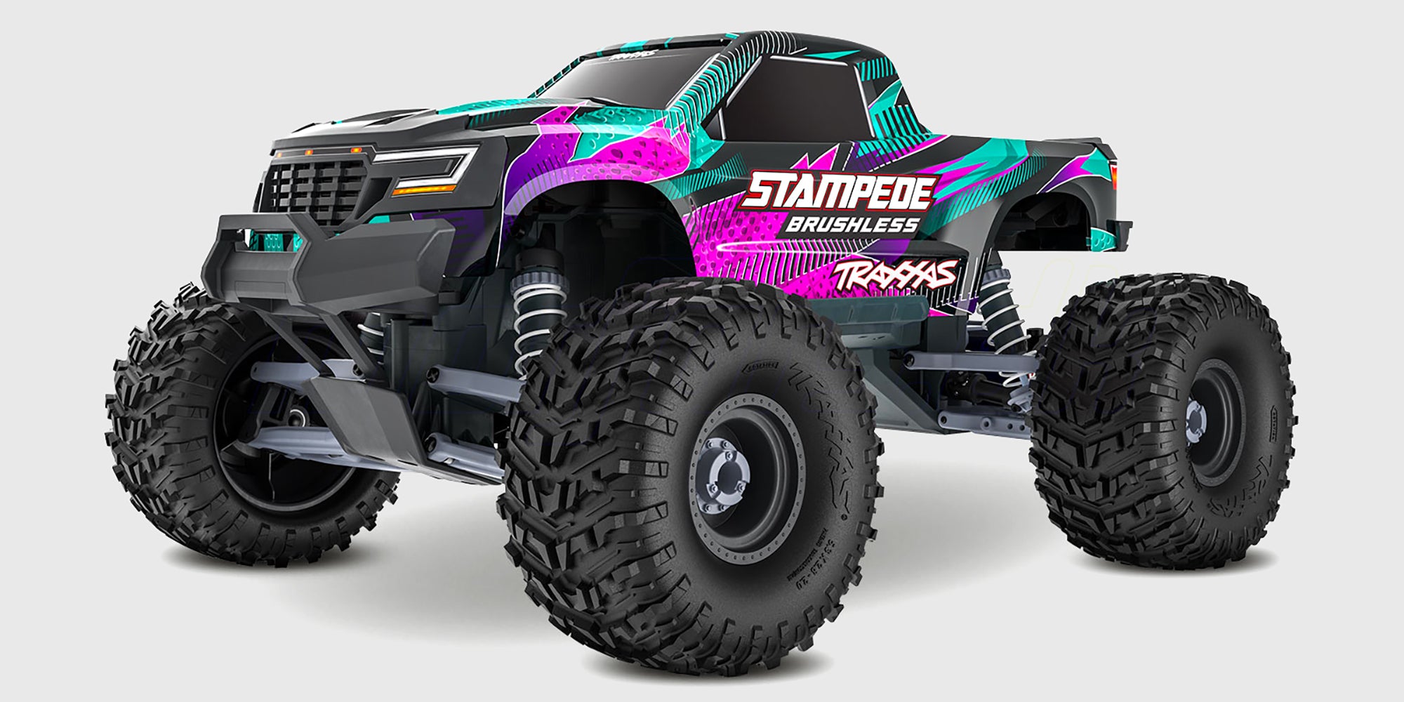 Traxxas Stampede 2WD Brushless VX3 monster truck set forfra med lilla og turkis karosse