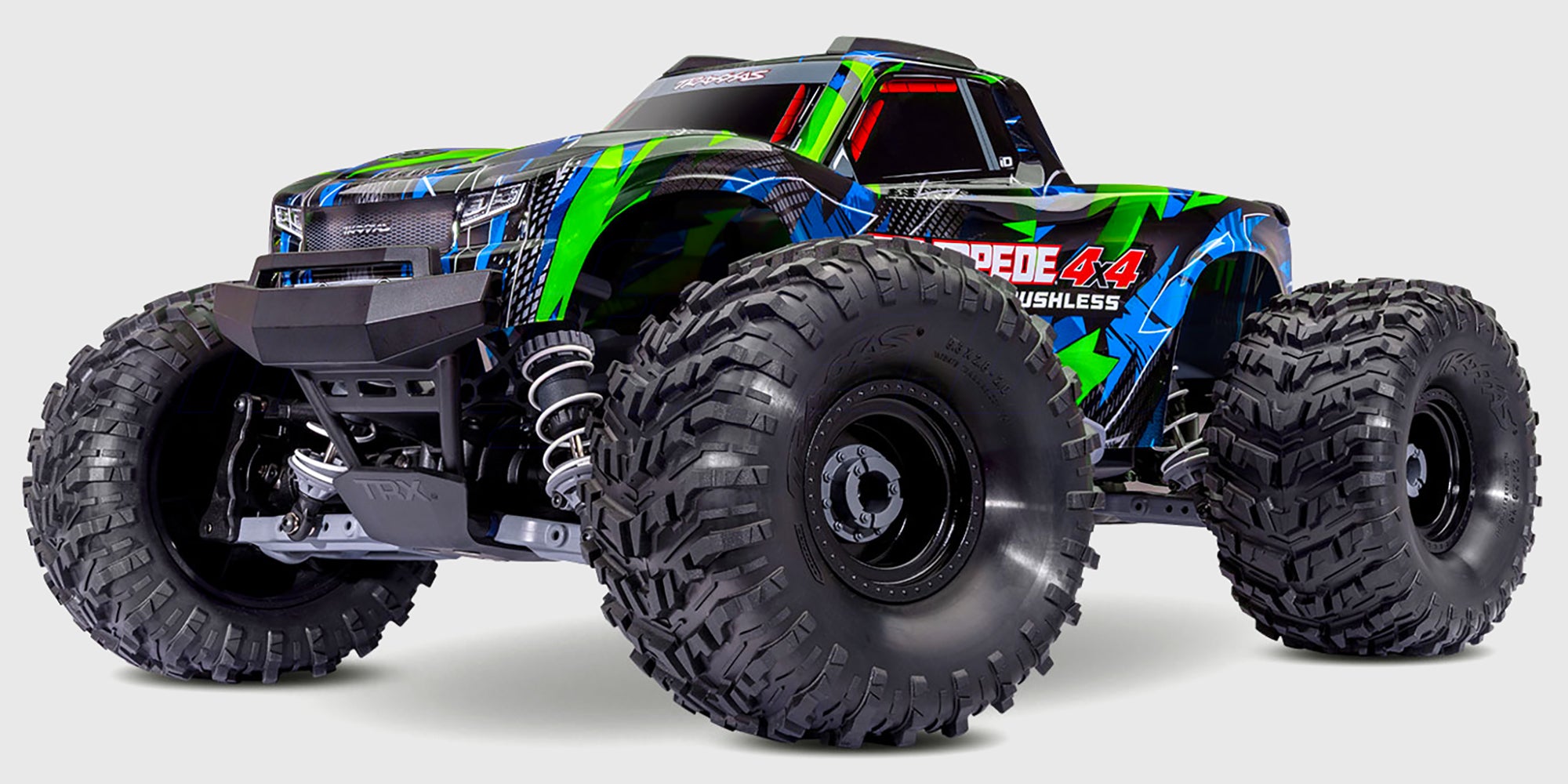 Traxxas Stampede 4x4 Brushless VX3 monster truck set forfra med grøn og blå karosse