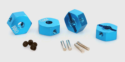 Blå 12mm hex-medbringere i aluminium med pinolskruer og splitter til montering af hjul på fjernstyret bil.