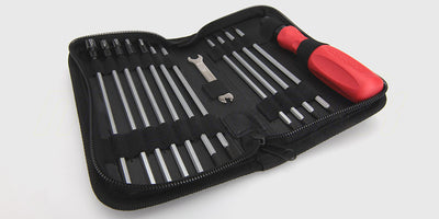 Sort Traxxas toolkit værktøjssæt med unbrakonøgler og topnøgler til vedligeholdelse af fjernstyrede biler.