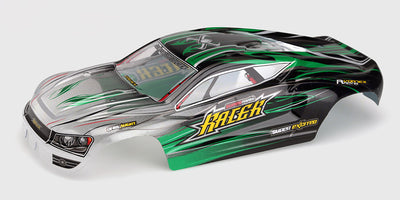 Sort Spirit karrosse med hvide og røde detaljer til fjernstyret bil vist fra siden på hvid baggrund.