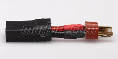 Kompakt adapterkabel med sort TRX-hunstik og rødt Deans-hanstik til RC-batterier.